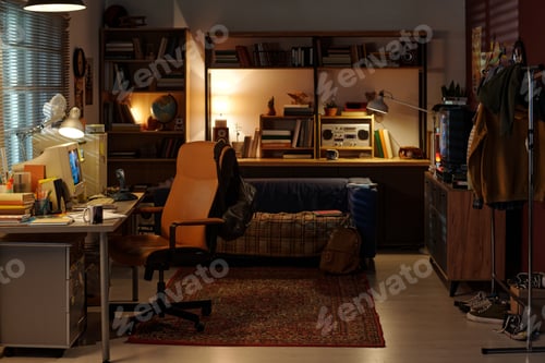 Preview: Cozy Home Office with Shelving and Desk Lamp
