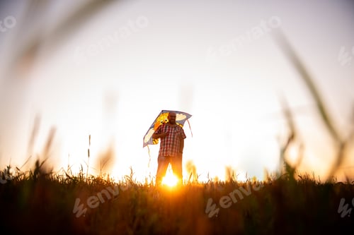 Preview: In rays of the sunset sun, bald man with glasses with kite in the field. Father plays with children