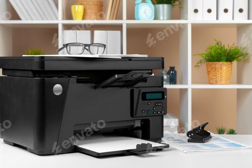 Preview: Printer, copier, scanner in office. Workplace