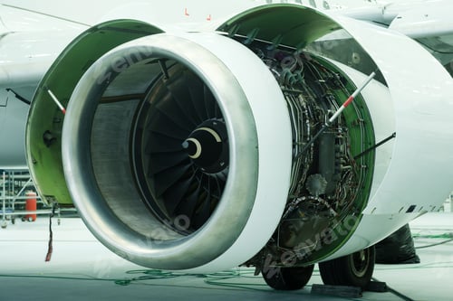 Preview: A close-up view of a jet engine, showing a complex structure and technical details