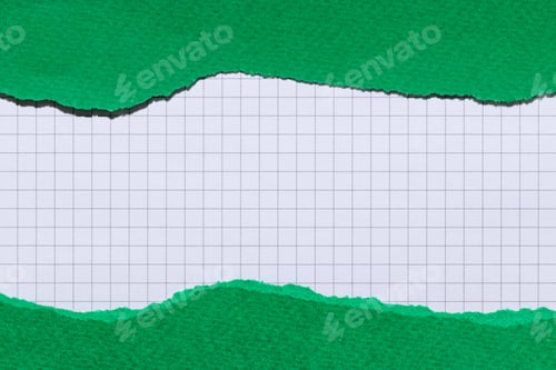 Preview: White school checkered paper between rich green paper pieces with torn edges, copy space for text
