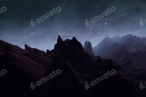 Preview: Alien planet surface with mountains under the stars