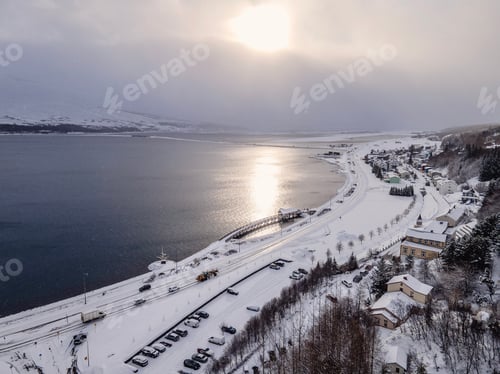 Preview: Photo of Akureyri city landscape with Eyjafjordur drone view