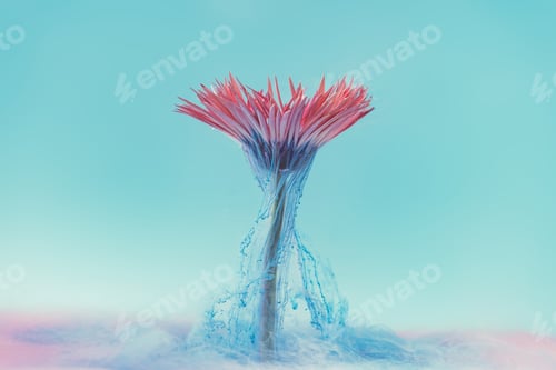 Preview: Pink daisy flower with pastel blue ink. Creative abstract spring nature. Summer bloom concept.