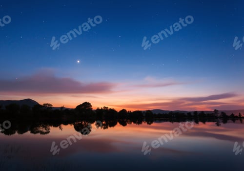 Preview: Mountain lake with stars and reflected clouds in water. Night