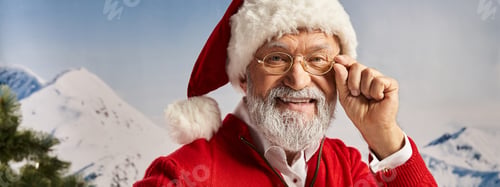 Preview: cheerful man in Santa costume with glasses on looking straight at camera, winter concept, banner