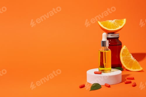 Preview: Vitamin C in liquid serum with citrus fruits.