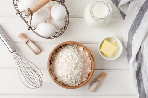 Preview: Ingredients for making traditional thin pancakes or crepes. Recipe step by step