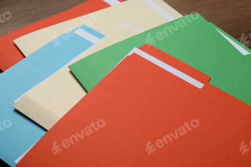 Preview: Many documents in folders on wooden table, closeup