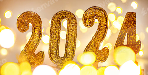 Preview: 2024 New Year Background. Text by candles with christmas lights and bokeh on gold background.