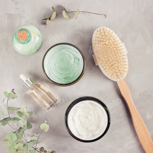 Preview: Various spa related objects on gray background, top view