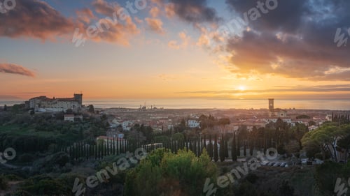 Preview: View from above of Rosignano Marittimo and the sea in the background. Tuscany, Italy