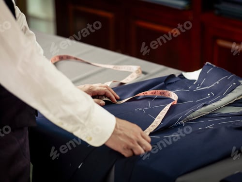 Preview: Tailor measuring garment on table in traditional tailors shop