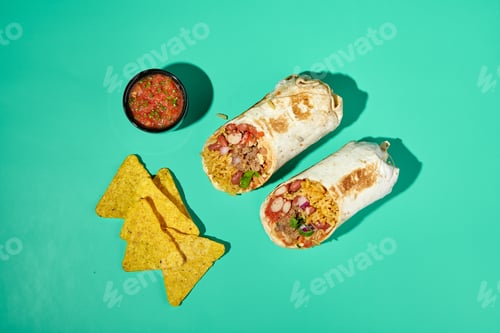Preview: Delicious Burritos with Chips and Salsa on Turquoise