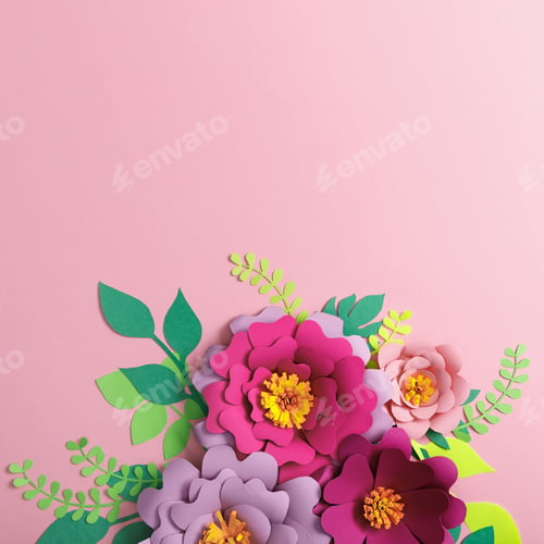 Preview: top view of colorful paper flowers and green plants with leaves on pink background
