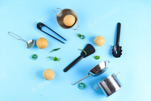 Preview: Composition of Cooking Equipment with Tahu Bulat or Round Tofu