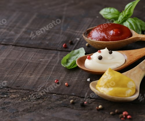 Preview: three variants of ketchup, mustard and mayonnaise sauce