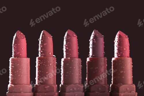 Preview: Red lipsticks with water drops on a dark background.