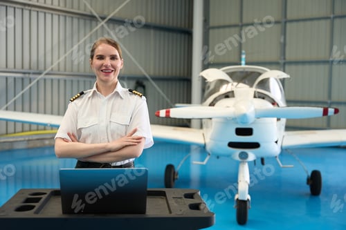 Preview: Confident female pilot posing in aircraft hangar with laptop