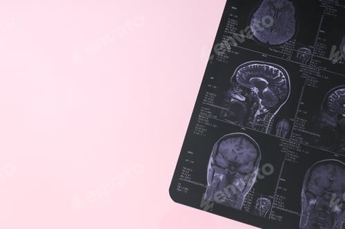 Preview: MRI or magnetic resonance imaging of the head and brain. Place for text