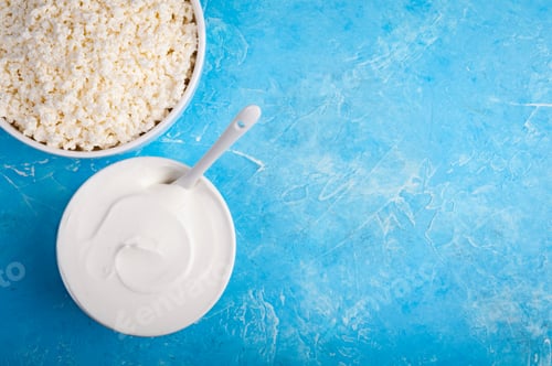 Preview: Cottage Cheese and Yogurt on Textured Blue Background