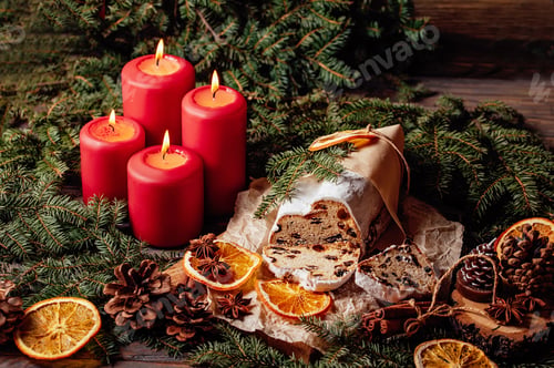 Preview: Christmas stollen on wooden background. baking for xmas