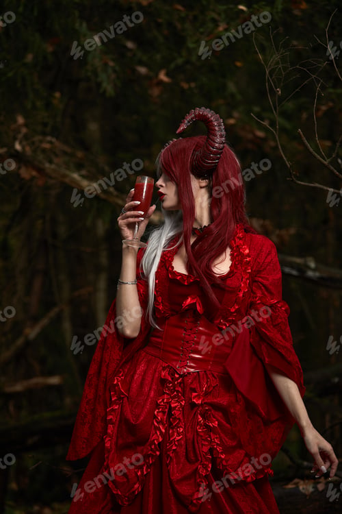 Preview: Stylish and fashionable model girl in the image of Maleficent posing among mystic forest - fairytale