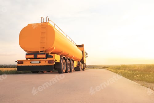 Preview: Modern yellow truck on country road. Space for text
