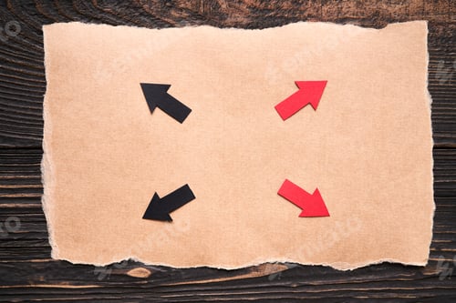 Preview: Color arrows on ripped piece of paper. Direction, solution, idea concept