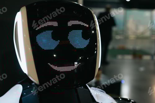 Preview: Futuristic robot with different facial expression at exhibition of modern technologies.