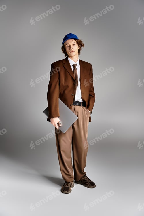 Preview: A stylish young man in a brown suit and baseball cap poses confidently in a studio