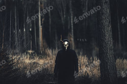 Preview: Person wearing a creepy Taxidermy mask in an autumn forest