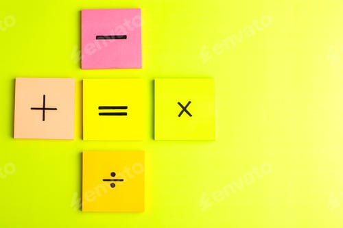 Preview: front view different signs on colorful stickers on green desk math color science calculation photo