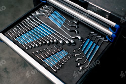 Preview: close-up of service station special table with drawers containing tools for the car