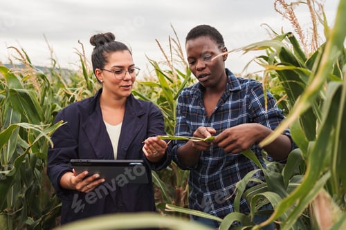 Preview: Agronomist advising farmer holding corn leaf and using digital tablet in cultivated field