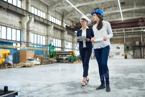 Preview: Female engineer holding factory tour for investor