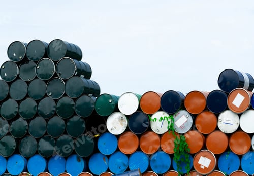 Preview: Old chemical barrels. Blue, orange, and black oil drum. Steel oil tank. Toxic waste warehouse.