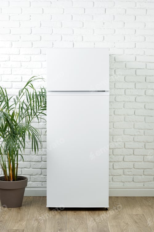 Preview: White Refrigerator In A Modern Kitchen With Brick Wall