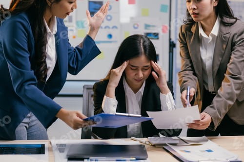 Preview: Stressed asian businesswoman suffering from headache while colleagues arguing about paperwork and fi