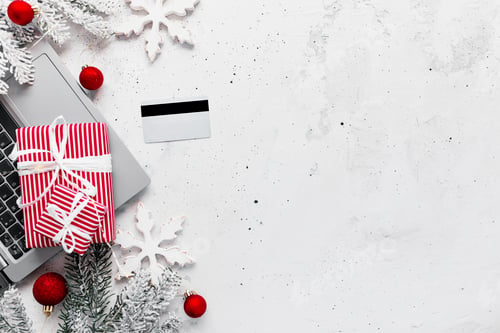 Preview: Christmas and New Year flat lay with laptop computer, credit card, gift boxes