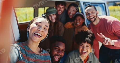 Preview: Peace sign, selfie and smile with friends in vehicle together for outdoor holiday, travel or vacati