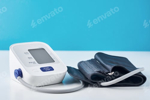 Preview: Digital blood pressure monitor on a blue background, closeup. Helathcare and medical concept