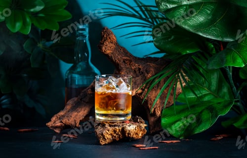 Preview: Scotch whiskey on ice. Dark blue background with old driftwood, leaves and shadows