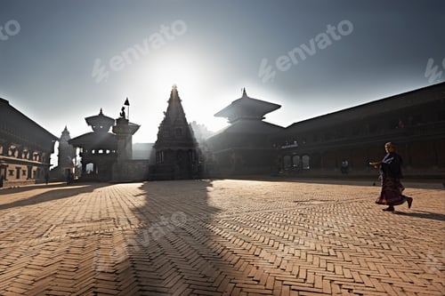 Historical Buildings and Woman Walking in City