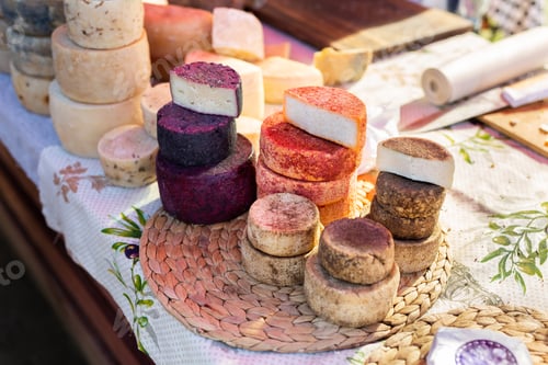 Preview: Handmade farm cheese on the counter of the market, fair.