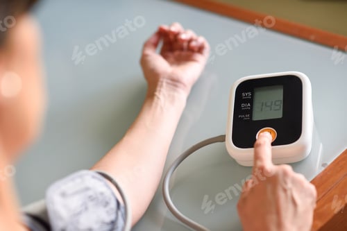 Preview: Woman measuring her own blood pressure at home