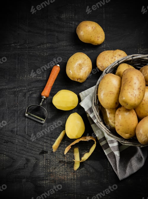 Preview: Fresh potatoes. On black background.