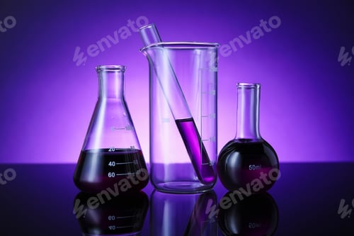 Preview: Different laboratory glassware with color liquid on table against violet background