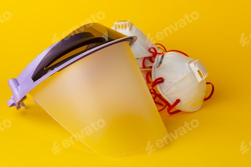 Preview: Face shield and medical face masks. Protection against coronavirus concept