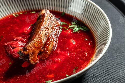 Preview: traditional ukrainian borscht soup with meat ribs and vegetables in a ceramic bowl, close up